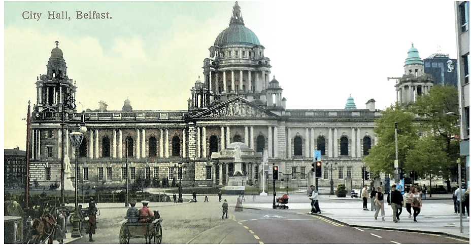 A great view of Belfast City Hall from Donegall Place. It was modelled on St Paul’s Cathedral by architect Brumwell Thomas, constructed by H. & J. Martin over the period 1896-1906 and described as ‘an exuberant Edwardian wedding-cake of a city hall in Portland stone’. The central copper is 173 feet in height. Officially opened on 1st August 1906 it is located in Donegall Square, a site previously occupied by the White Linen Hall since 1784. Belfast was awarded ‘City’ status in 1888 and the grand City Hall replaced the smaller Belfast Town Hall in Victoria Street. A local newspaper article in 1906 described Belfast City Hall as ‘a monument to the character of the people of Belfast’ and a later writer as the ‘beating heart of Ulster’s metropolis’